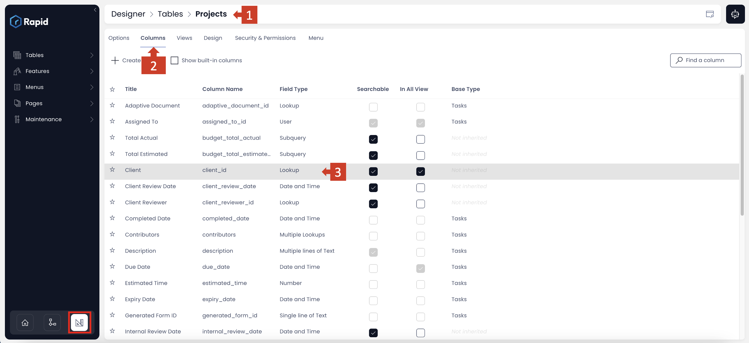 Image showing selecting a Lookup field in Columns Tab for a Table in Designer